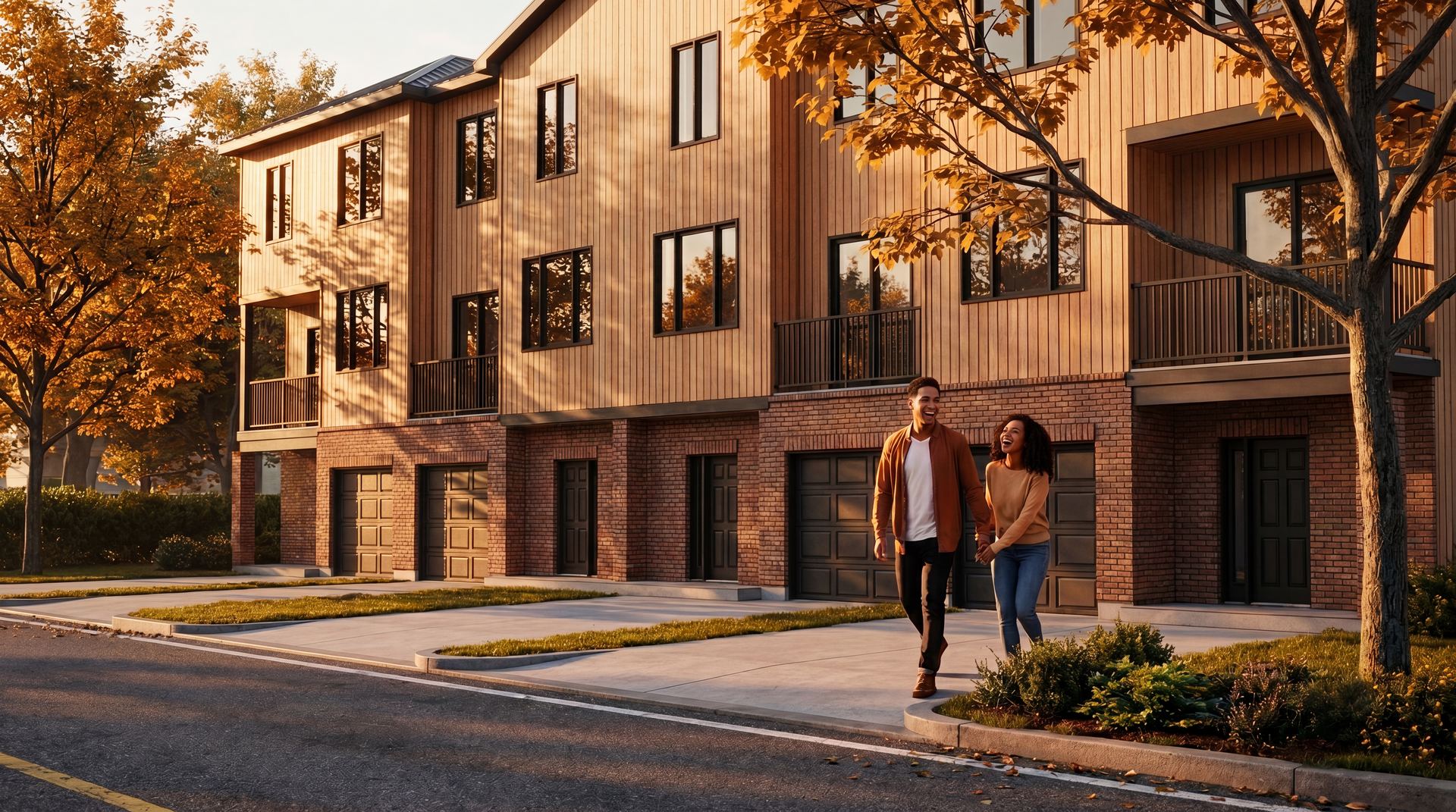 Young couple walking along townhome streetscape in autumn